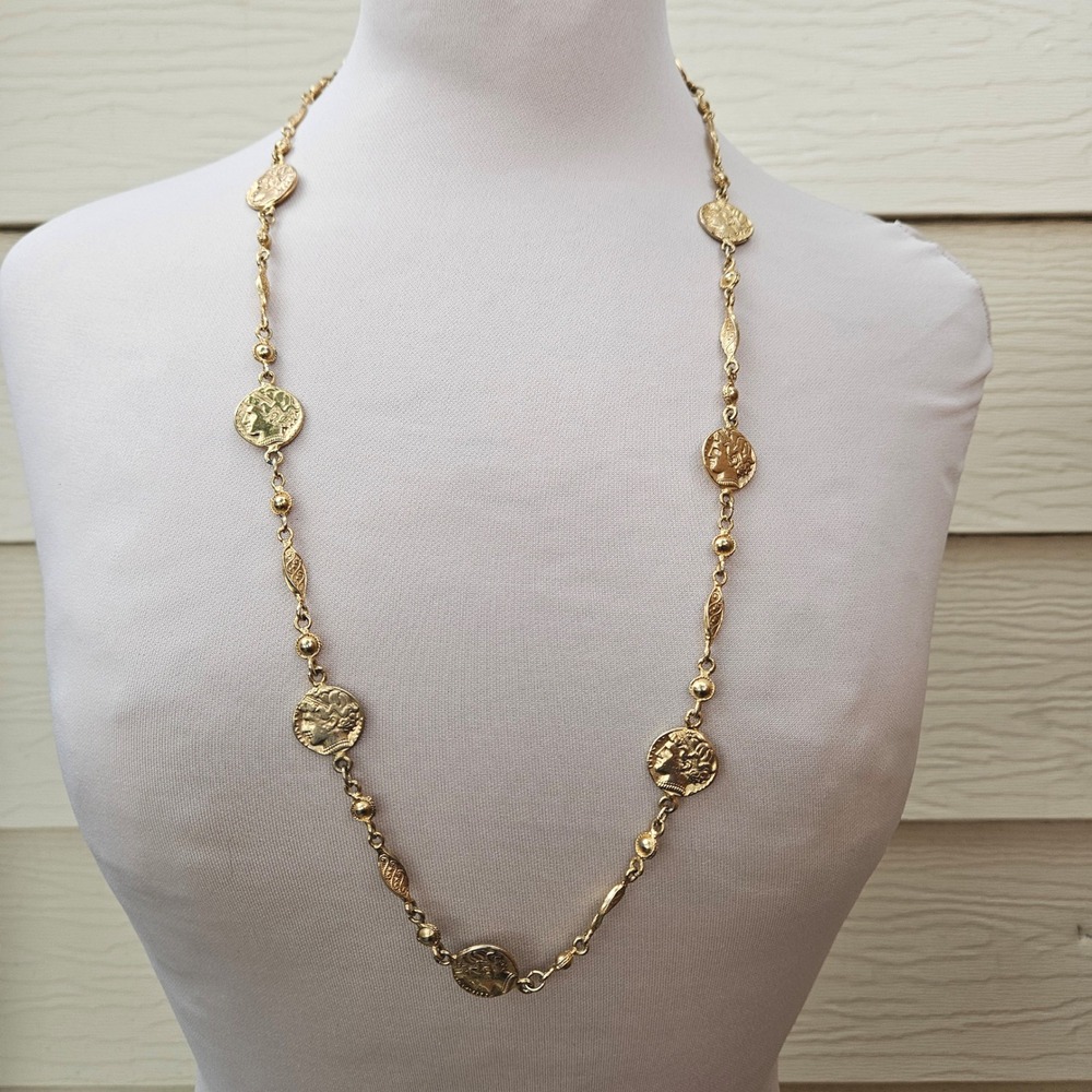 Vintage 1970s Gold Tone Greco Roman Coin Station Long Chain Necklace Layering
